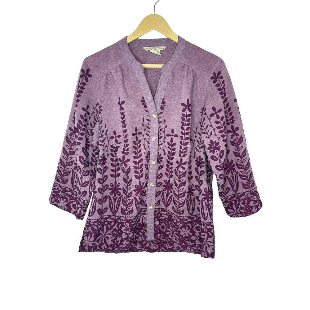 ExOfficio Button Up Women Medium Purple Floral Travel Blouse Top M Botanical